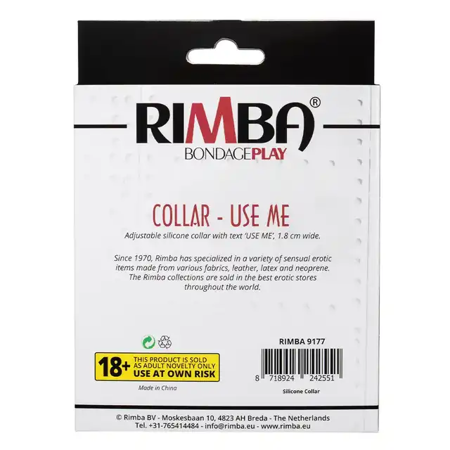 Rimba - Collar Use Me. Stylowa i odważna obroża z napisem „Use Me”, wykonana z wysokiej jakości silikonu, zapewniająca komfort i efektowny wygląd