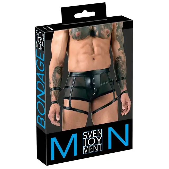 Svenjoyment - CN Men`s Pants S. Czarne półprzezroczyste spodenki z mankietami i erotycznymi detalami dla odważnej gry.