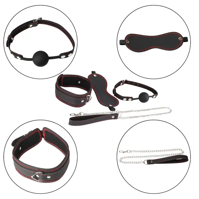 Erospace - Wild Play BDSM 4pcs Set. Zestaw BDSM z kneblem, obrożą, smyczą i opaską na oczy, kontrola, komfort i zmysłowe uniesienie