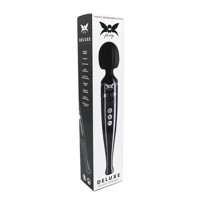 Pixey - Deluxe Black Chrome. Potężny wibrator magiczna różdżka, bezprzewodowy, moc, elegancja i nieprzerwana przyjemność