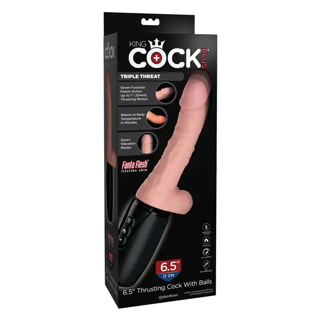 Pipedream - King Cock Plus 6.5 Inch Thrusting Cock With Balls. Głębokie ruchy posuwiste, przyjemne podgrzewanie do temperatury ciała oraz potężne wibracje