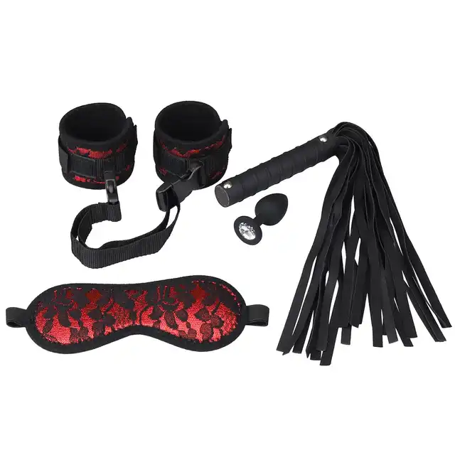 Erospace - Wild Play BDSM 4psc Set. Zestaw BDSM z kajdankami, pejczem, opaską na oczy i silikonowym korkiem analnym dla intensywnych wrażeń i pełnej kontroli