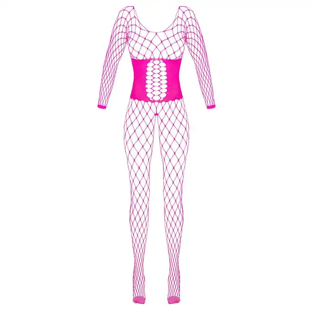 Cottelli - Crotchless Catsuit Pink Fantasy S-L. Kuszący różowy bodystocking z dużej siateczki, ozdobiony dżetami, idealny do zmysłowych stylizacji