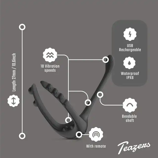 Teazers - Triple Prostate Vibrator with Remote. Stymulator prostaty z regulowanym ringiem, kompleksowa stymulacja w jednym urządzeniu