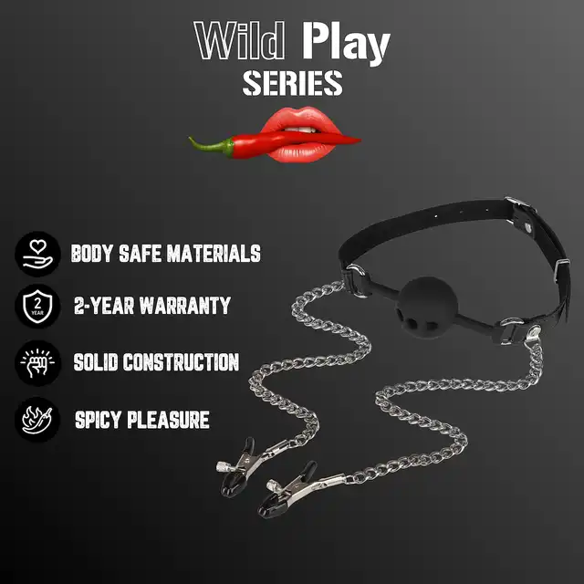 Erospace - Wild Play Mouth Gag with Nipple Clamps. Knebel z zaciskami na sutki – intensywna kontrola i podwójna rozkosz