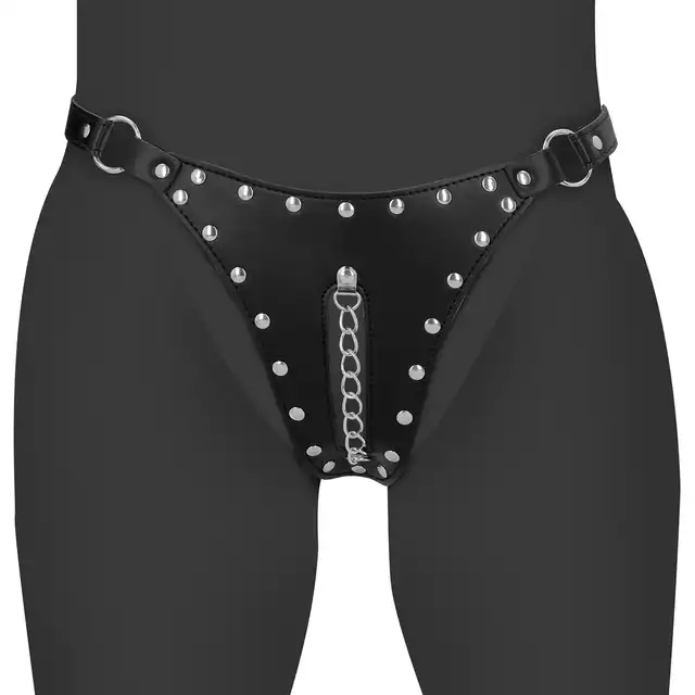 Ouch! - Leather Chastity Thong with Chain Detail. Skórzane stringi BDSM z metalowym łańcuszkiem.