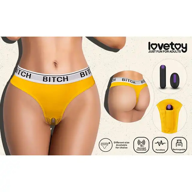 Lovetoy - Ingen Bitch Vibrating Panties M/L. Seksowne stringi z wibratorem bullet na pilota, dyskretna wibrująca bielizna