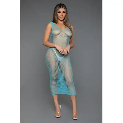 BeWicked - Unleash Me Dress TUR/Q. Turkusowa odważna siateczkowa sukienka z kabaretką, która podkreśli Twoje krągłości