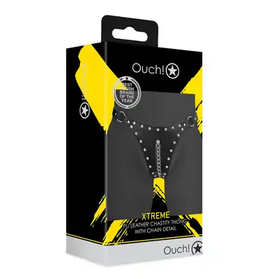 Ouch! - Leather Chastity Thong with Chain Detail. Skórzane stringi BDSM z metalowym łańcuszkiem.