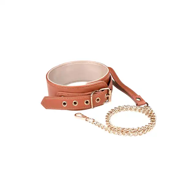Blaze - Elite Collar And Chain Cognac Vegan Leather. Elegancka obroża z wegańskiej skóry o bogatym kolorze koniaku