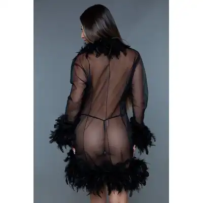 BeWicked - Lux Robe BLK/OS. Czarny krótki szyfonowy szlafrok z wykończeniem z piór, poczuj się jak femme fatale