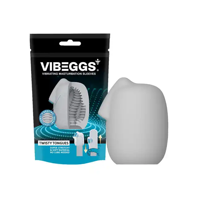 VIBEGGS - Twisty Tongues Vibrating Masturbation Sleeve. Wibrujący rękaw do masturbacji z wyjątkowymi żłobieniami w kształcie zakręconych języczów