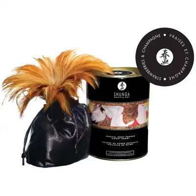 Shunga - Body Powder Strawberry Sparkling Wine. Rozpalający zmysły, smakowy puder do ciała. Jedwabista otulająca konsystencja o smaku truskawkowego wina musującego.