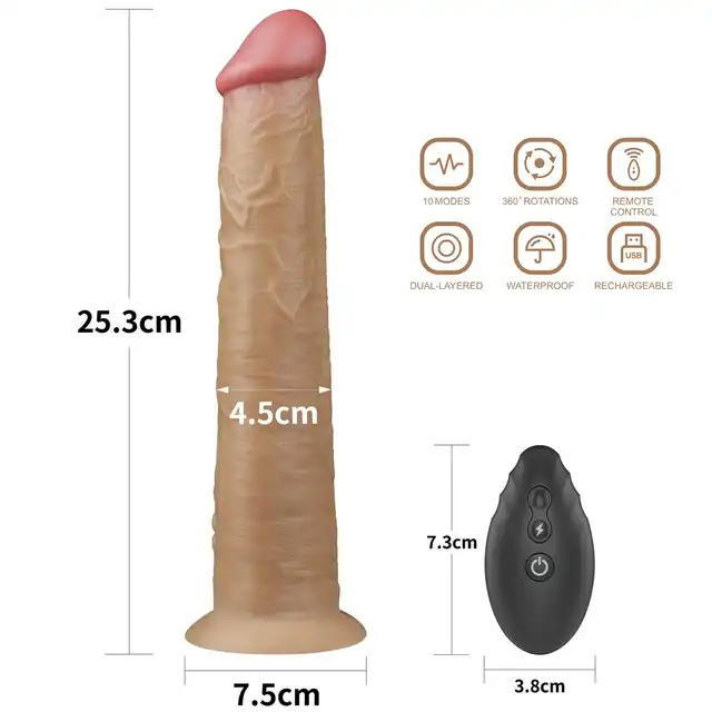 LoveToy - Nature Cock 10 Inch Dual Layered. Dwuwarstwowy, realistyczny wibrator z 10 trybami wibracji i obrotów