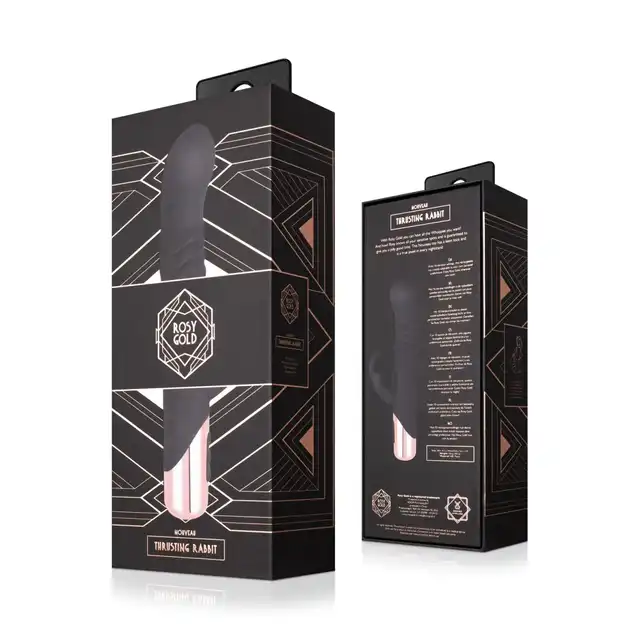 Rosy Gold - Rabbit Vibrator with thrusting function Black. Elegancki wibrator króliczek z funkcją intensywnych pchnięć dla dodatkowej stymulacji