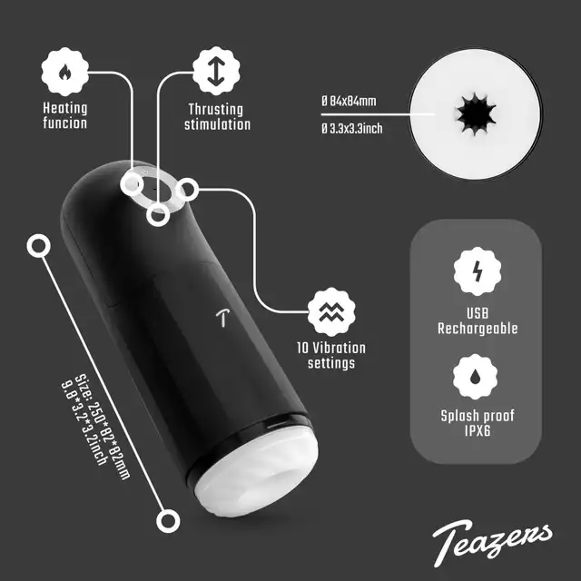 Teazers - Automatic Masturbator with Triple Stimulation. Luksusowy masturbator męski z funkcjami wibracji, pchania i podgrzewania