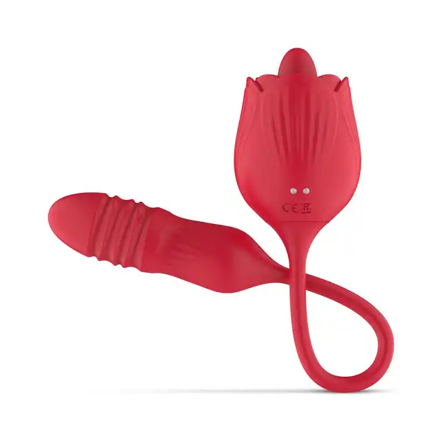 Teazers - Rose Vibrator with Thrusting Dildo. Zabawka, która łączy w sobie trzy rodzaje stymulacji: wibracje, pchnięcia oraz lizanie językiem, pełne spektrum przyjemności
