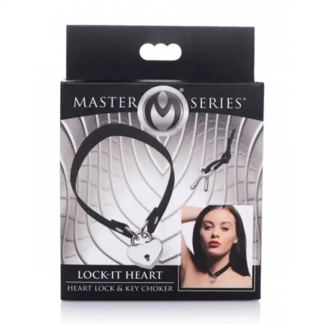 Master Series - Lock-It Heart Choker With Lockable Heart. Choker z zamykanym srebrnym serduszkiem, choker z wegańskiego materiału
