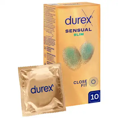 Durex - Sensual Slim 10. Supercienkie prezerwatywy o węższym rozmiarze, stworzone z myślą o większej wrażliwości i idealnym dopasowaniu