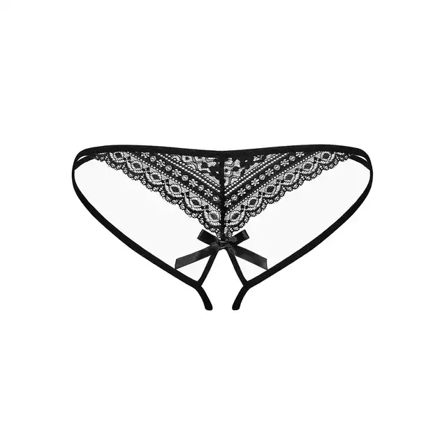 Obsessive - Picantina stringi otwarte L/XL. Koronkowe, czarne stringi z uroczą kokardką i pikantnym rozcięciem.
