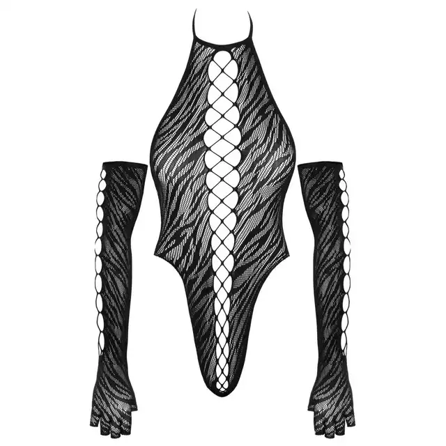 Cottelli Collection - Body. Uwodzicielskie tygrysie paski i długie rękawiczki w zestawie