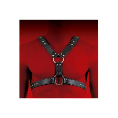Virgite - Men Body Harness Mod. 5. Harness z ekologicznej skóry wyposażony w dwa pierścienie połączone skórzanym paskiem prosto z Hiszpanii