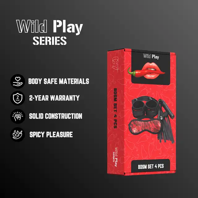 Erospace - Wild Play BDSM 4psc Set. Zestaw BDSM z kajdankami, pejczem, opaską na oczy i silikonowym korkiem analnym dla intensywnych wrażeń i pełnej kontroli