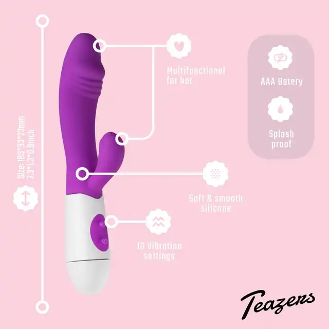Teazers - Realistic Rabbit Vibrator Purple. Podwójny wibrator z stymulującymi żłobieniami, idealna stymulacja
