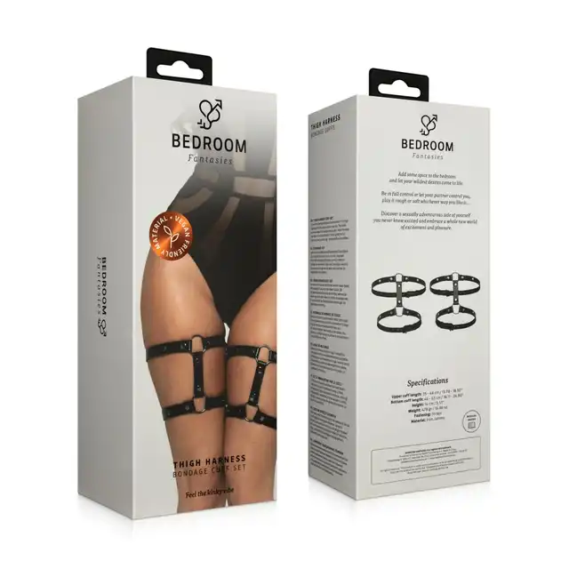 Bedroom Fantasies – Thigh Harness Black. Zabezpieczający pas na uda z metalowymi pierścieniami