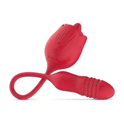 Teazers - Rose Vibrator with Thrusting Dildo. Zabawka, która łączy w sobie trzy rodzaje stymulacji: wibracje, pchnięcia oraz lizanie językiem, pełne spektrum przyjemności