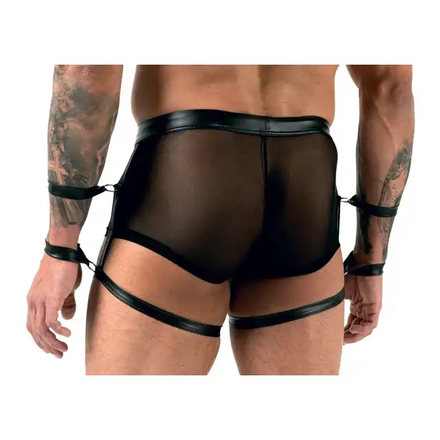 Svenjoyment - CN Men`s Pants S. Czarne półprzezroczyste spodenki z mankietami i erotycznymi detalami dla odważnej gry.