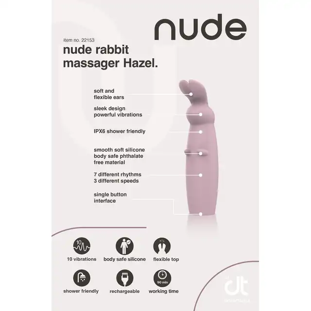 Nude - Hazel Rabbit Massager. Niewielki wibrator z króliczymi uszkami do stymulacji łechtaczki z 10 wibracjami i 3 prędkościami