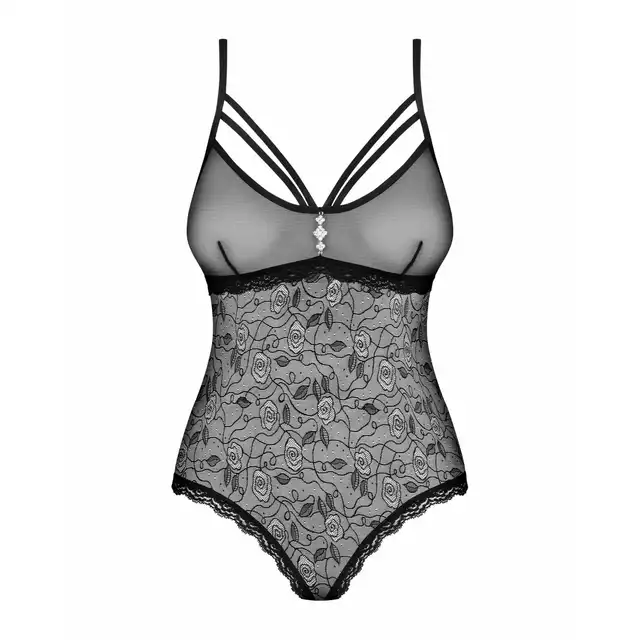 Obsessive - 818-TED-1 Body L/XL. Urocze body z motywem różyczek i otwartym krokiem, idealne na niegrzeczne wieczory.