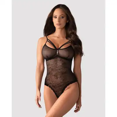 Obsessive - 818-TED-1 Body S/M. Urocze body z motywem różyczek i otwartym krokiem, idealne na niegrzeczne wieczory