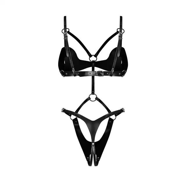 Obsessive - Controle Body Otwarte S/M/L. Skórzane body z otwartym krokiem i metalowymi detalami dla odważnych kobiet