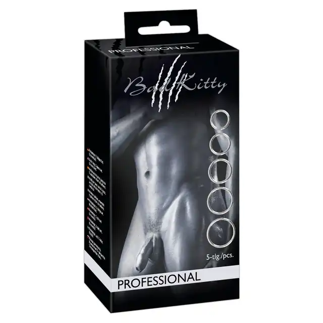 Bad Kitty - Professional Metal Cock Ring Set - Zestaw 5 metalowych ringów na penisa i jądra. Różne rozmiary i solidna stal.