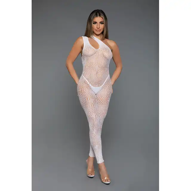 BeWicked - All Your Desires Bodystocking WH/OS. Uwodzicielski śnieżno biały bodystocking z okrągłym wzorem i asymetrycznymi wycięciam