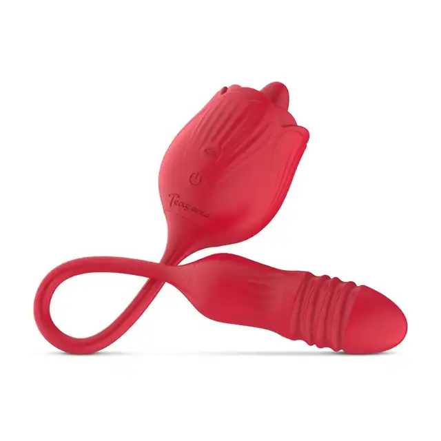 Teazers - Rose Vibrator with Thrusting Dildo. Zabawka, która łączy w sobie trzy rodzaje stymulacji: wibracje, pchnięcia oraz lizanie językiem, pełne spektrum przyjemności