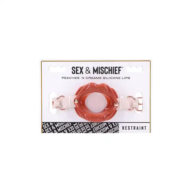 Sportsheets - Peaches'n CreMe Silicone Lips. Silikonowy knebel z brokatem w kształcie kuszących ust. Usta, które mówią wszystko