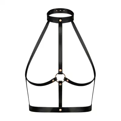 Rosy Gold - Body Harness Black. Stylowa uprząż z metalowym pierścieniem dla poczucia pewności siebie, seksowne pokreślenie biustu