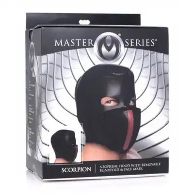 Master Series - Scorpion Hood With Removable Blindfold And Mouth Mask. Neoprenowa maska skorpiona ze zdejmowaną opaską na oczy i maską na usta