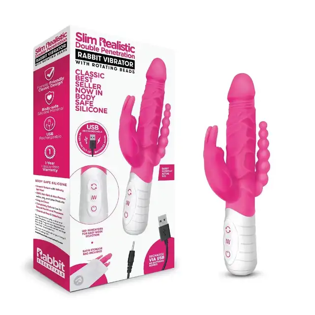 Rabbit Essentials - Slim Realistic double penetrtion. Potrójna stymulacja, 7 funkcji wibracji.