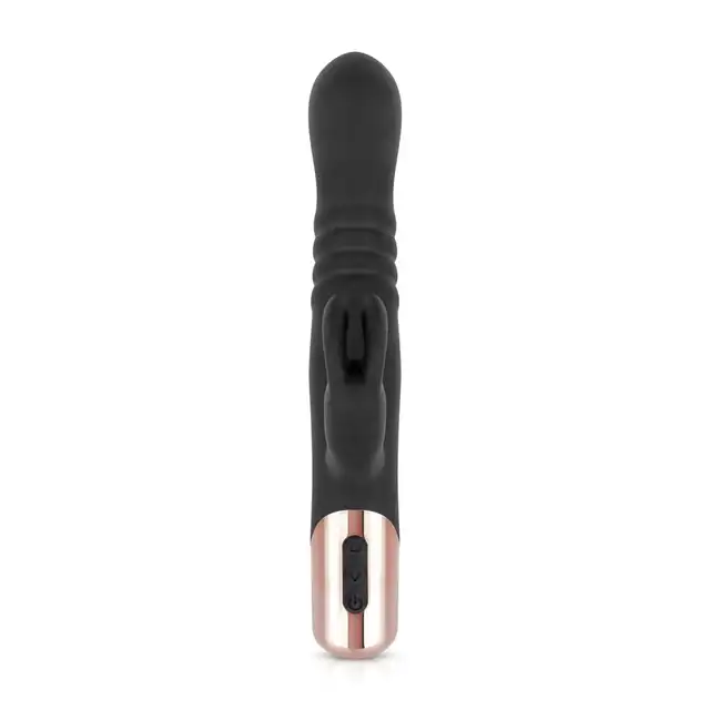 Rosy Gold - Rabbit Vibrator with thrusting function Black. Elegancki wibrator króliczek z funkcją intensywnych pchnięć dla dodatkowej stymulacji