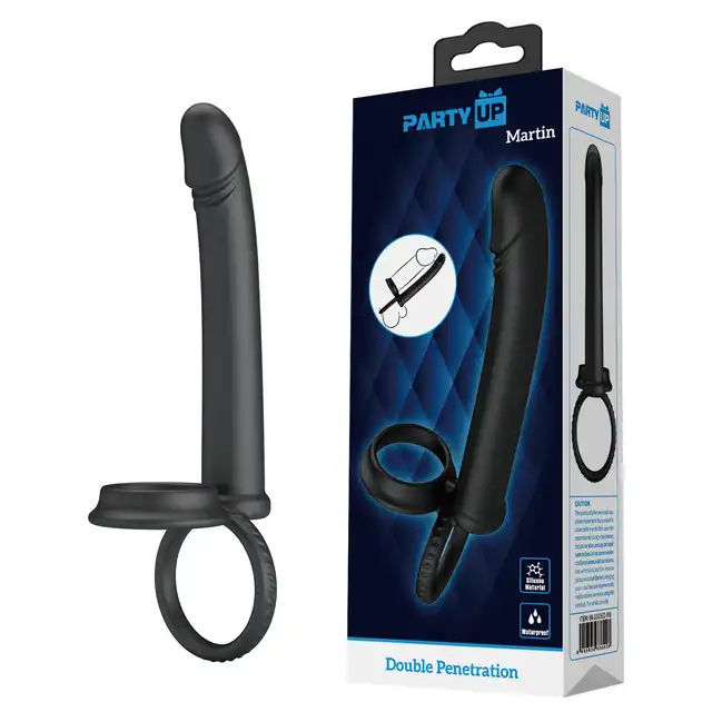 Party Up - Marin. Dildo do podwójnej penetracji z podwójnym pierścieniem na penisa i jądra, intensywna stymulacja i podwójna przyjemność