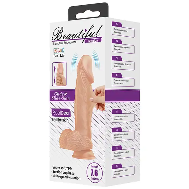 Baile - Beautiful Zebulon Vibration 7.6". Realistyczne dildo wibrujące o długości 7,6 cala, które łączy miękką, przypominającą skórę powierzchnię TPR z mocnym wewnętrznym rdzeniem