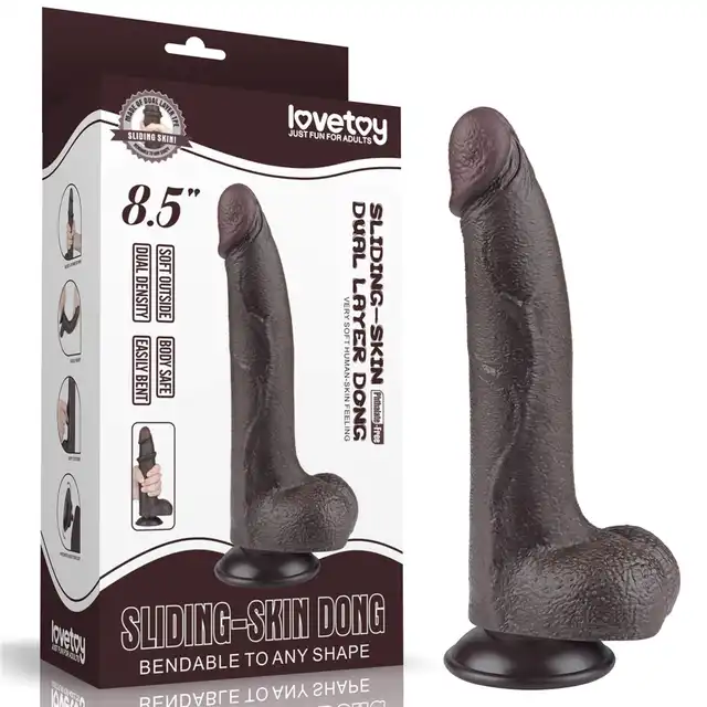 LoveToy – 8.5'' Sliding Skin Dual Layer Dong Black. Realistyczne dildo z przesuwającą się skórą i mocną przyssawką