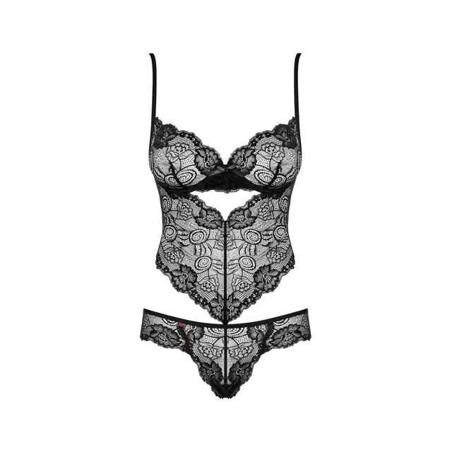 Obsessive - Alluria Teddy S/M - Czarne body o zjawiskowym fasonie z kwiatowym motywem!