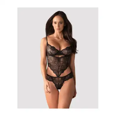 Obsessive - Alluria Teddy S/M - Czarne body o zjawiskowym fasonie z kwiatowym motywem!