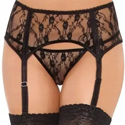 SoftLine – Garterbelt 3311 Black. Koronkowy pas do pończoch ze stringami w komplecie