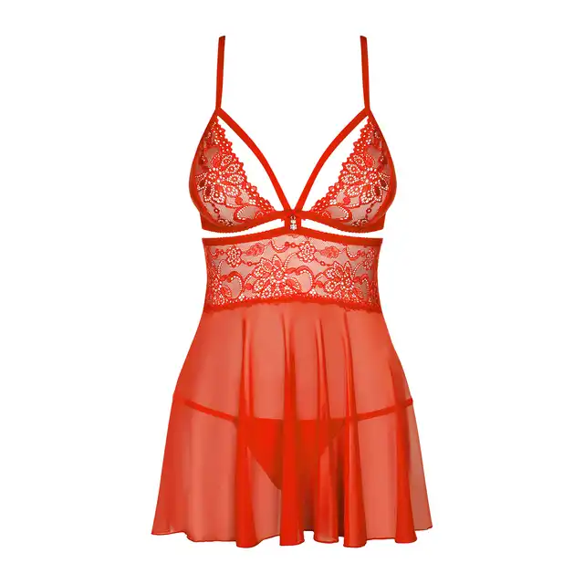 Obsessive - 838-BAB-3 Red XXL. Babydoll i stringi wieczorowy kuszący zestaw. 